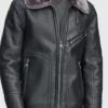 Mens Faux Shearling Collar Black Leather Jacket