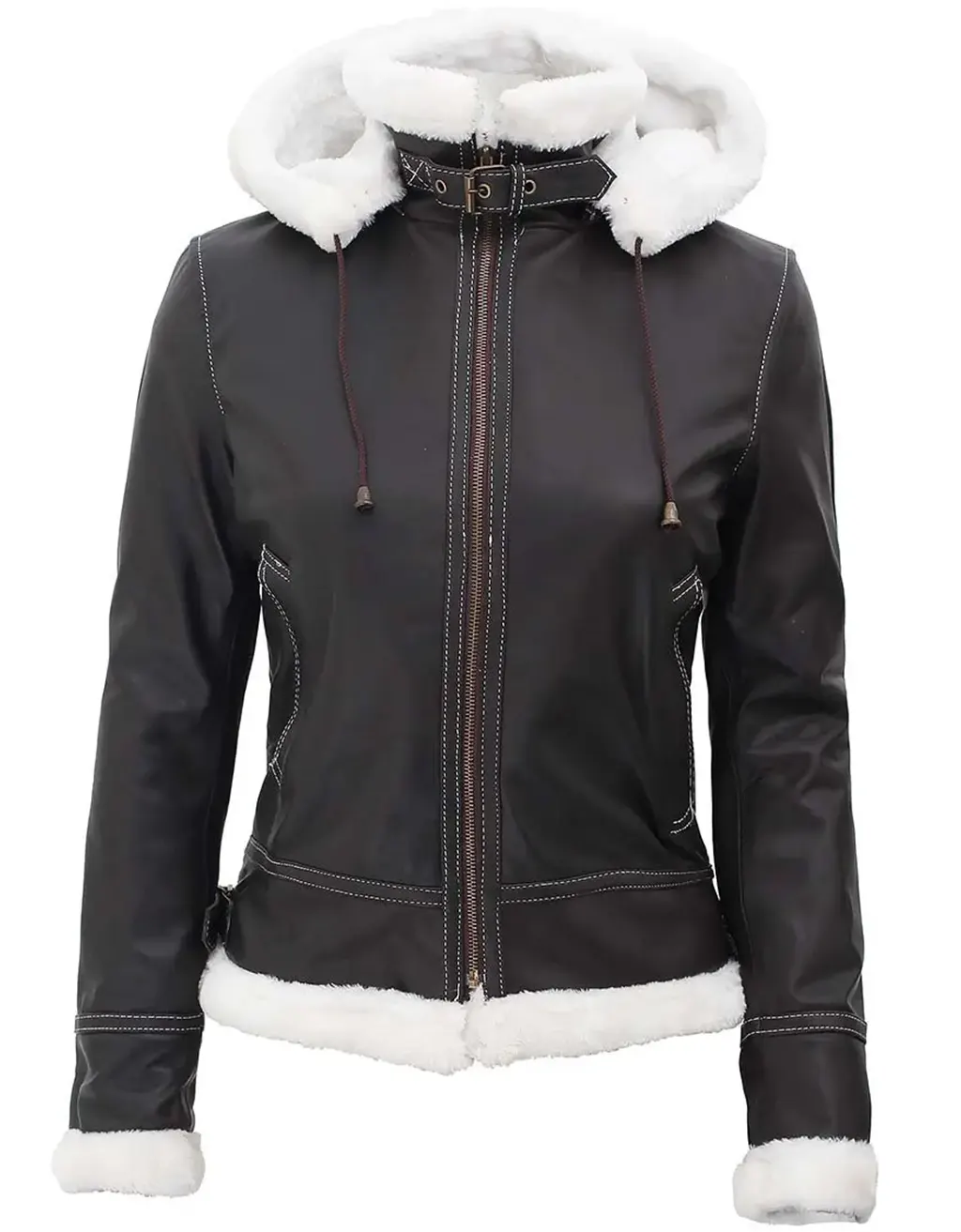 Womens Brown Leather White Fur Jacket